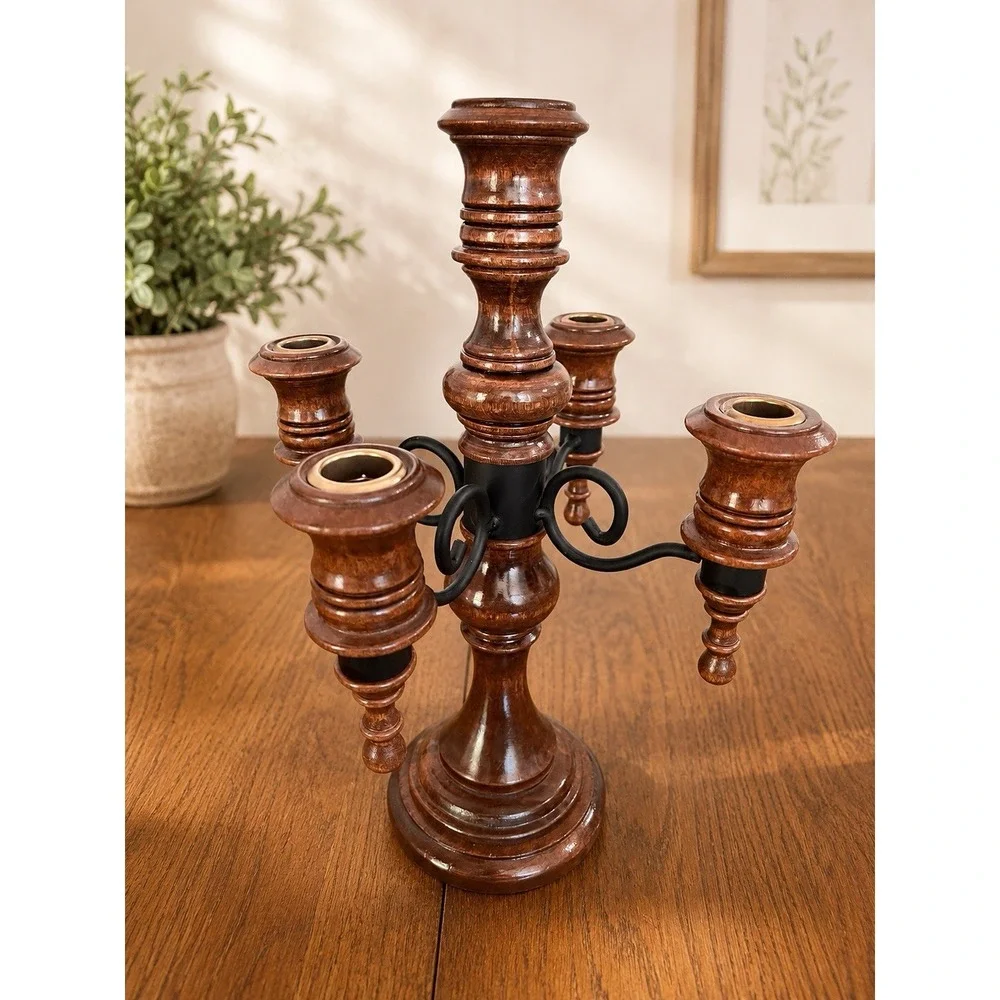 Vintage Wood & Iron 5 Arm Candelabra Votive candle Rustic Farmhouse 14 X 11 NOS
